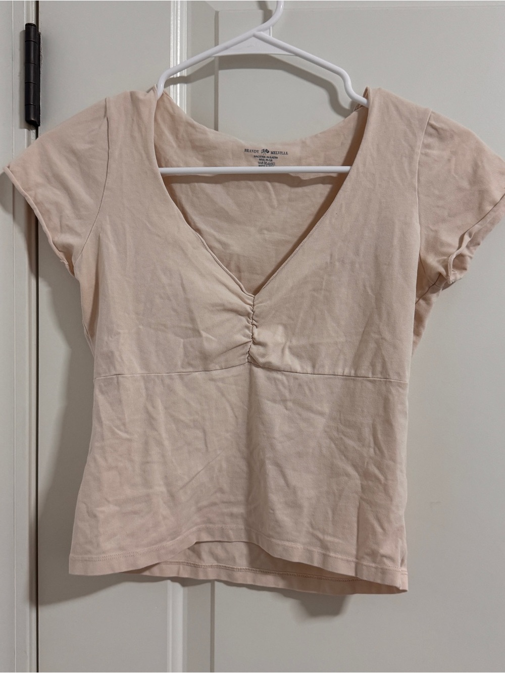 Brandy Melville Pale Pink V-Neck Ruched Short Sleeve Top